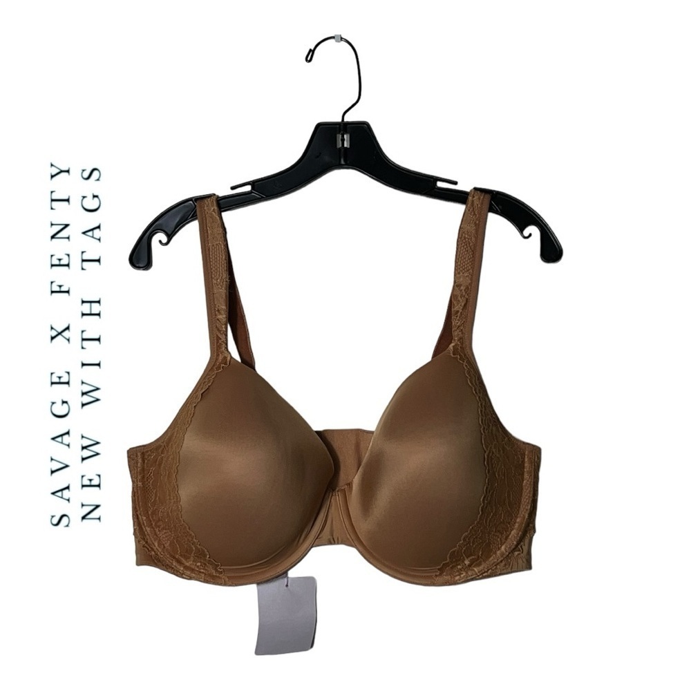 1888. SAVAGE X FENTY‎ PADDED/UNDERWIRE BRA BROWN COGNAC SIZE 44DD SATIN/LACE